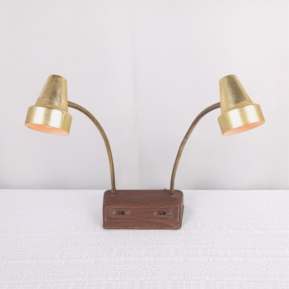 Small Roxter Co  Dual Table Lamp Gooseneck Adjustable Stem Gold Finish #6950 - Picture 1 of 10